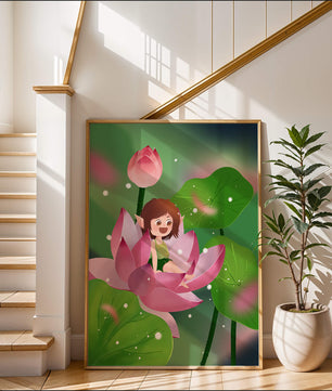 Charming fairy sitting on a blooming pink lotus in a magical garden