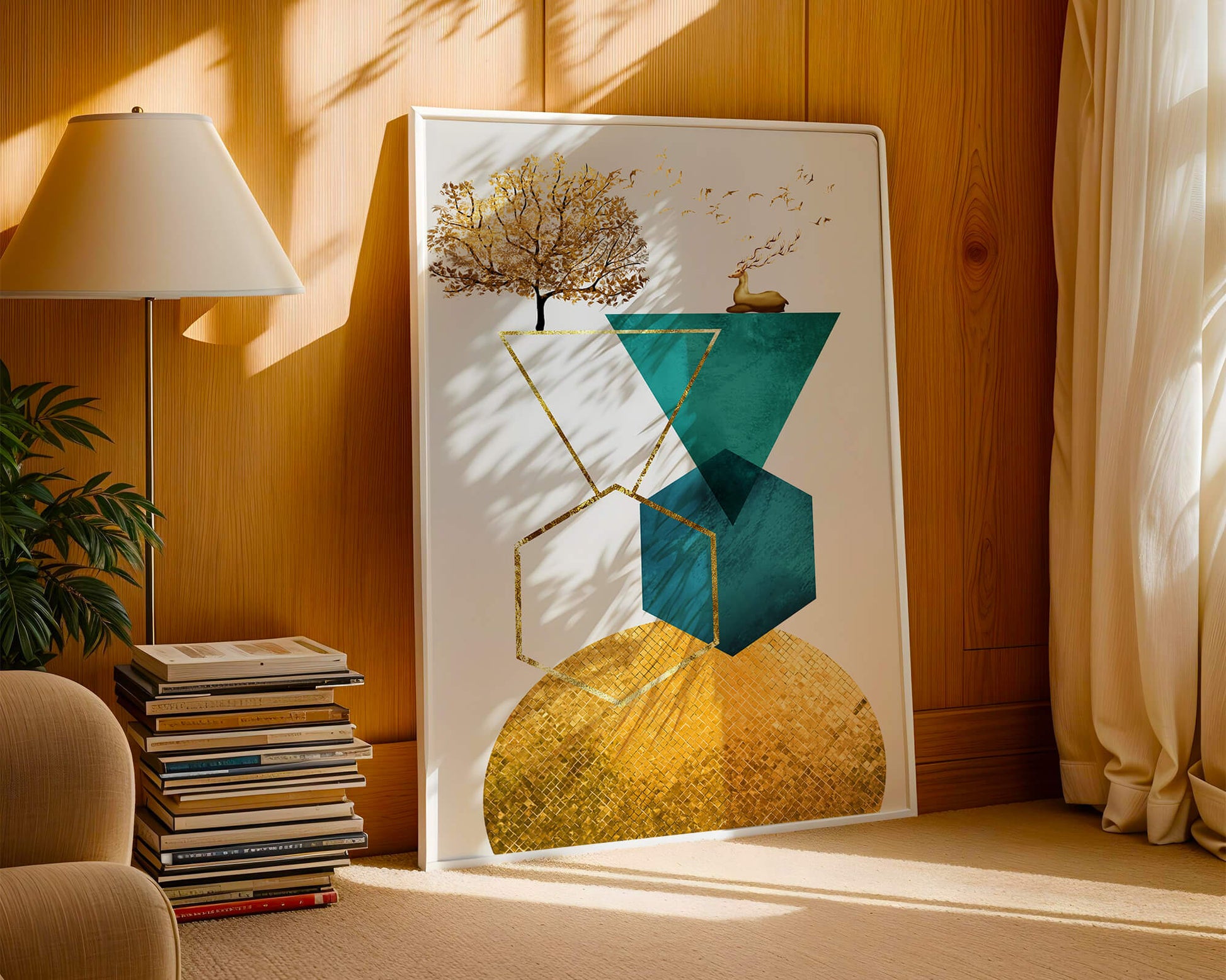 Abstract Geometric Composition with Golden Deer and Tree