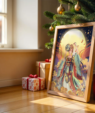 Elegant fantasy illustration with celestial elements and rabbit
