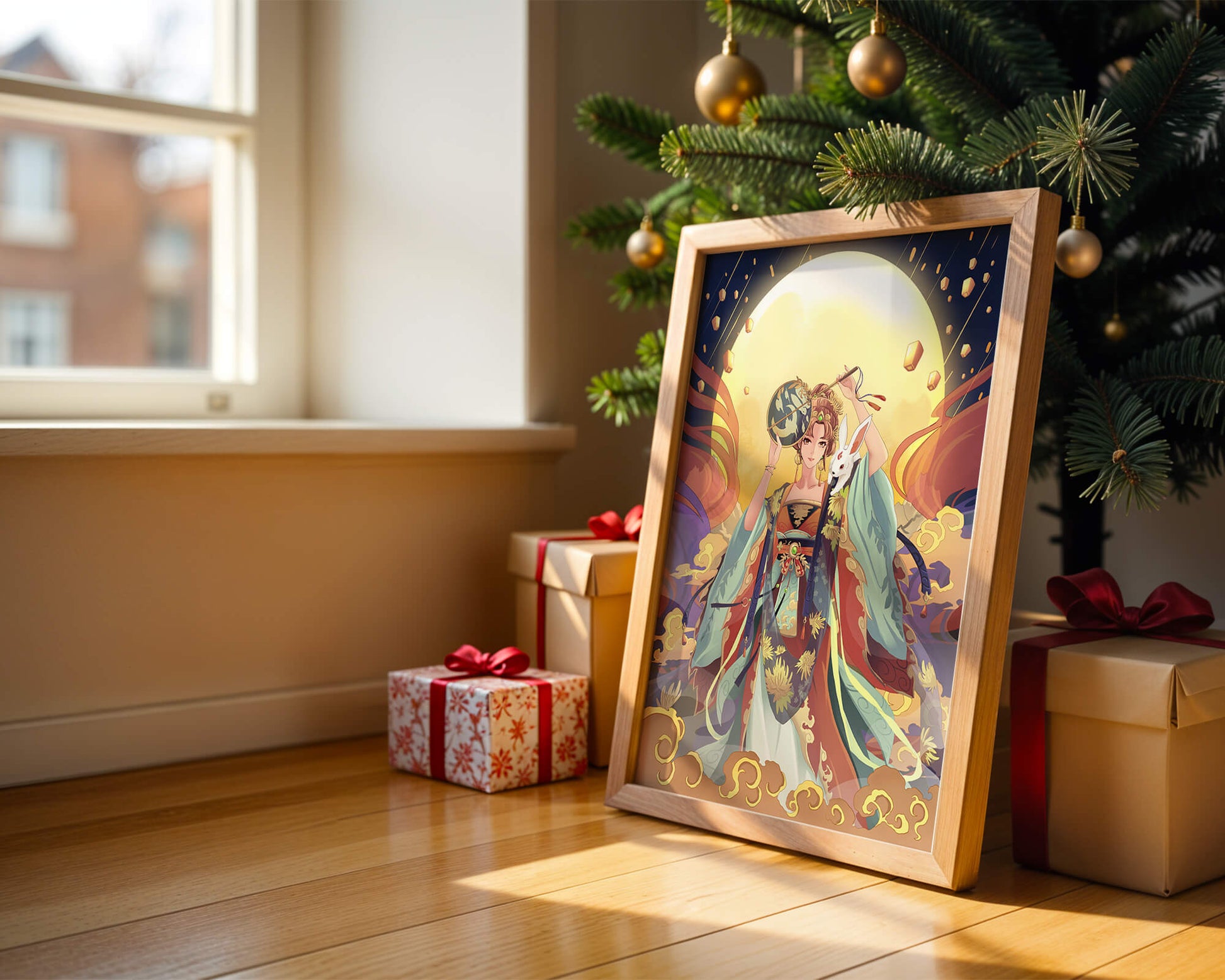 Elegant fantasy illustration with celestial elements and rabbit