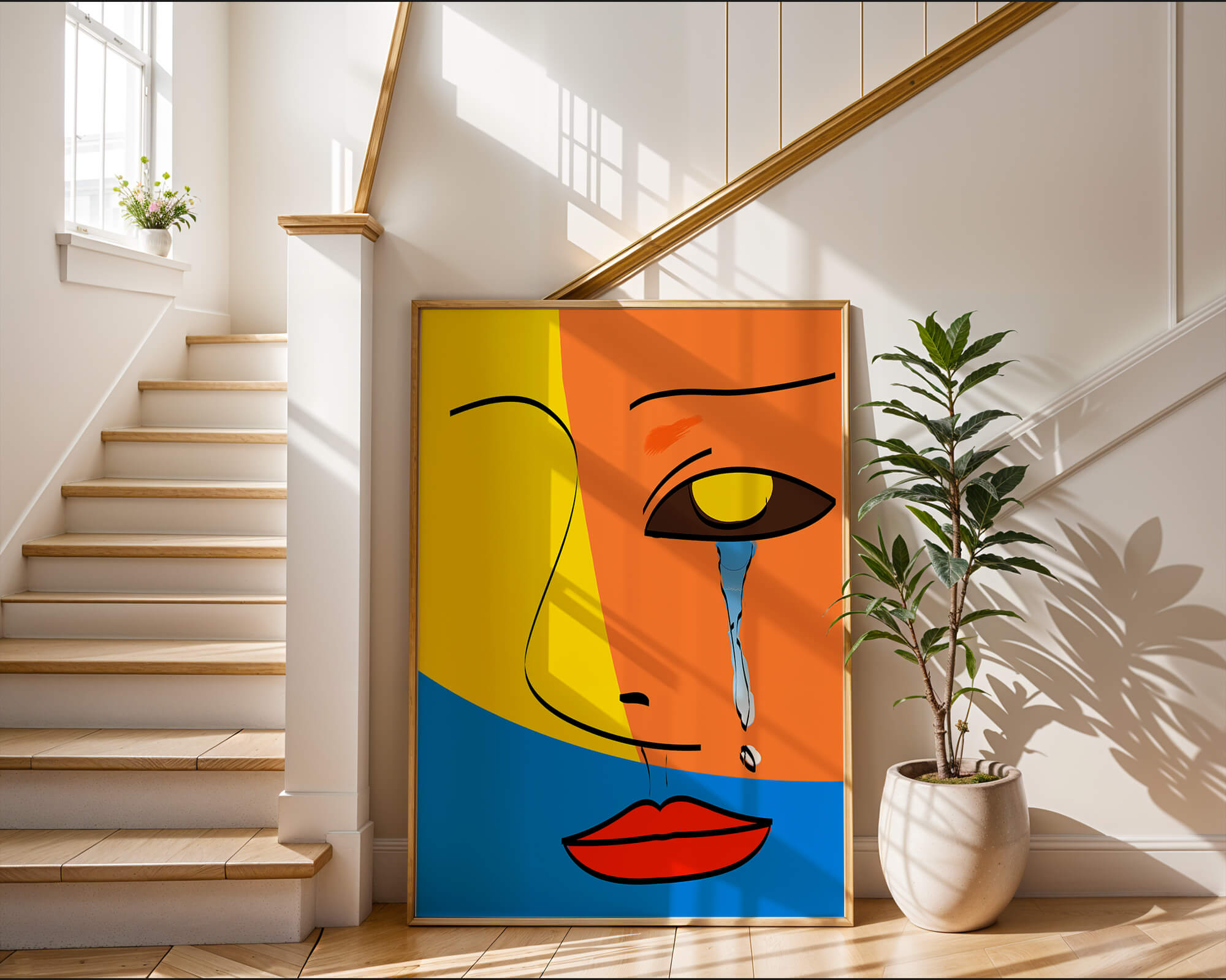Colorful abstract face art with tear in modern style