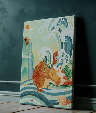 Dragon mythique au milieu de vagues stylisées et de montagnes aux couleurs vives