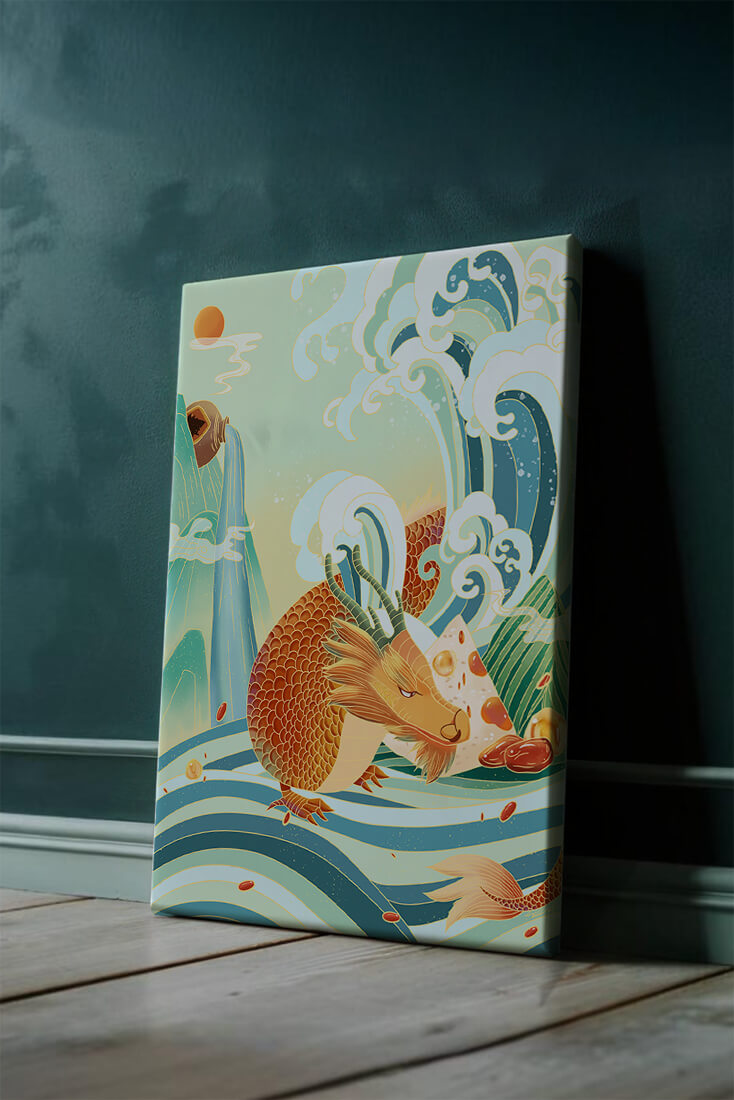 Mythical dragon amidst stylized waves and mountains in vibrant colors