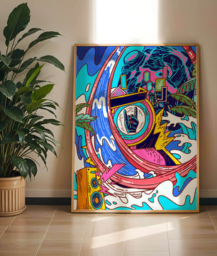 Vibrant abstract art with waves and neon elements
