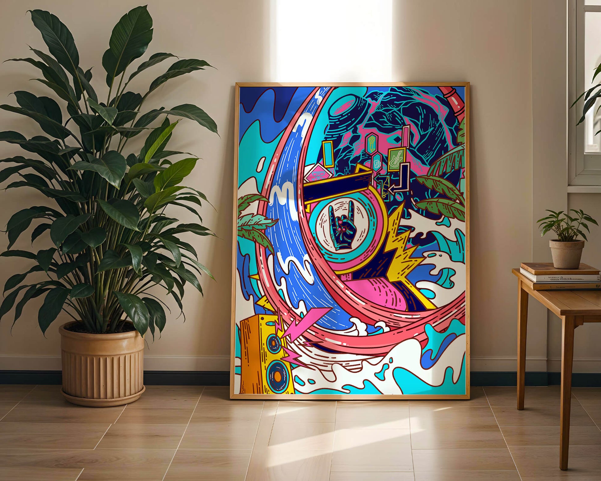 Vibrant abstract art with waves and neon elements