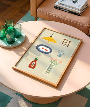 Artículos de cocina ilustrados que incluyen lámpara, utensilios y flores
