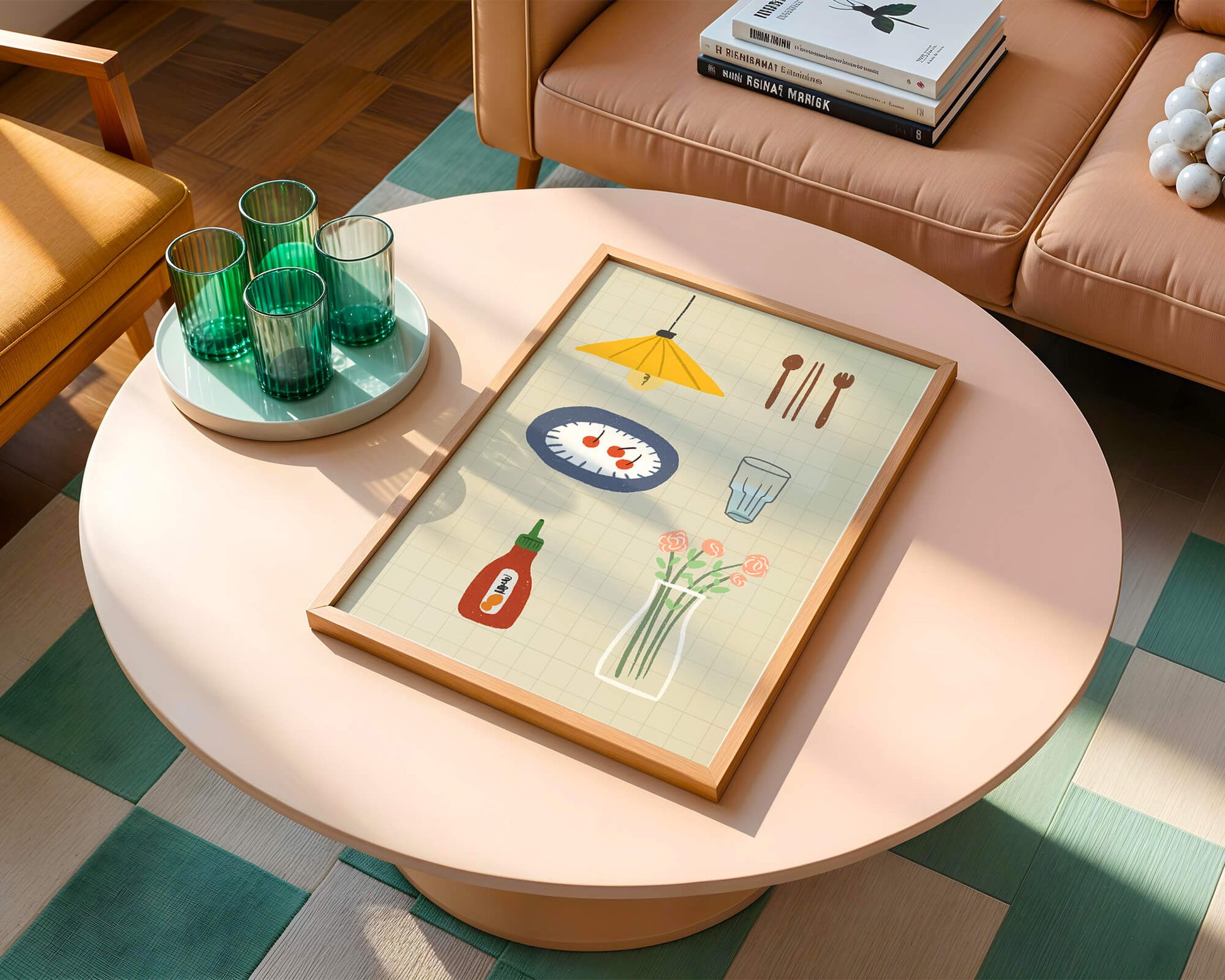 Artículos de cocina ilustrados que incluyen lámpara, utensilios y flores