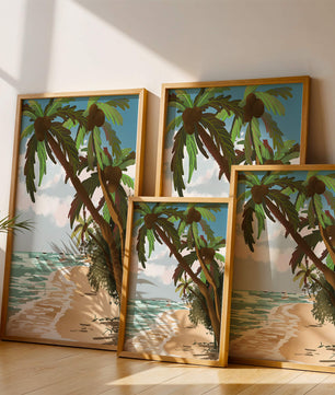 Tranquil Beach Scene with Palm Trees and Sailboats