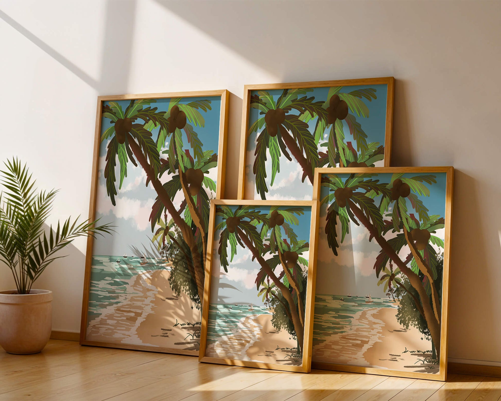 Tranquil Beach Scene with Palm Trees and Sailboats