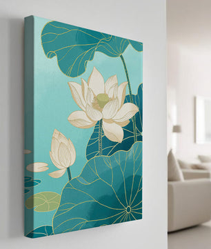 Lotus Flowers with Golden Accents on Aqua Background