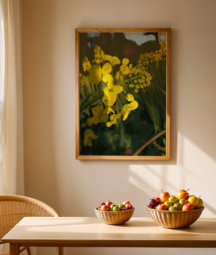 Close-up view of vibrant yellow flowers in a lush green field