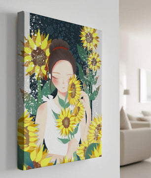 Young woman surrounded by vibrant sunflowers in a serene setting