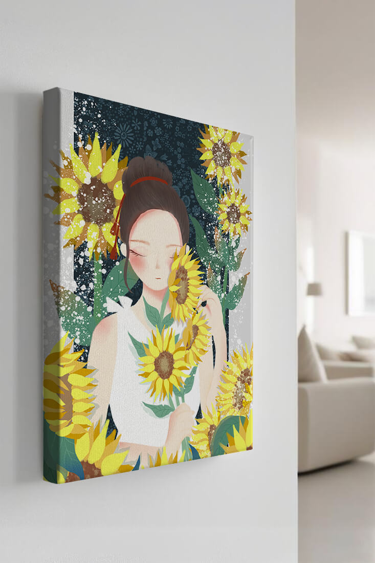 Young woman surrounded by vibrant sunflowers in a serene setting