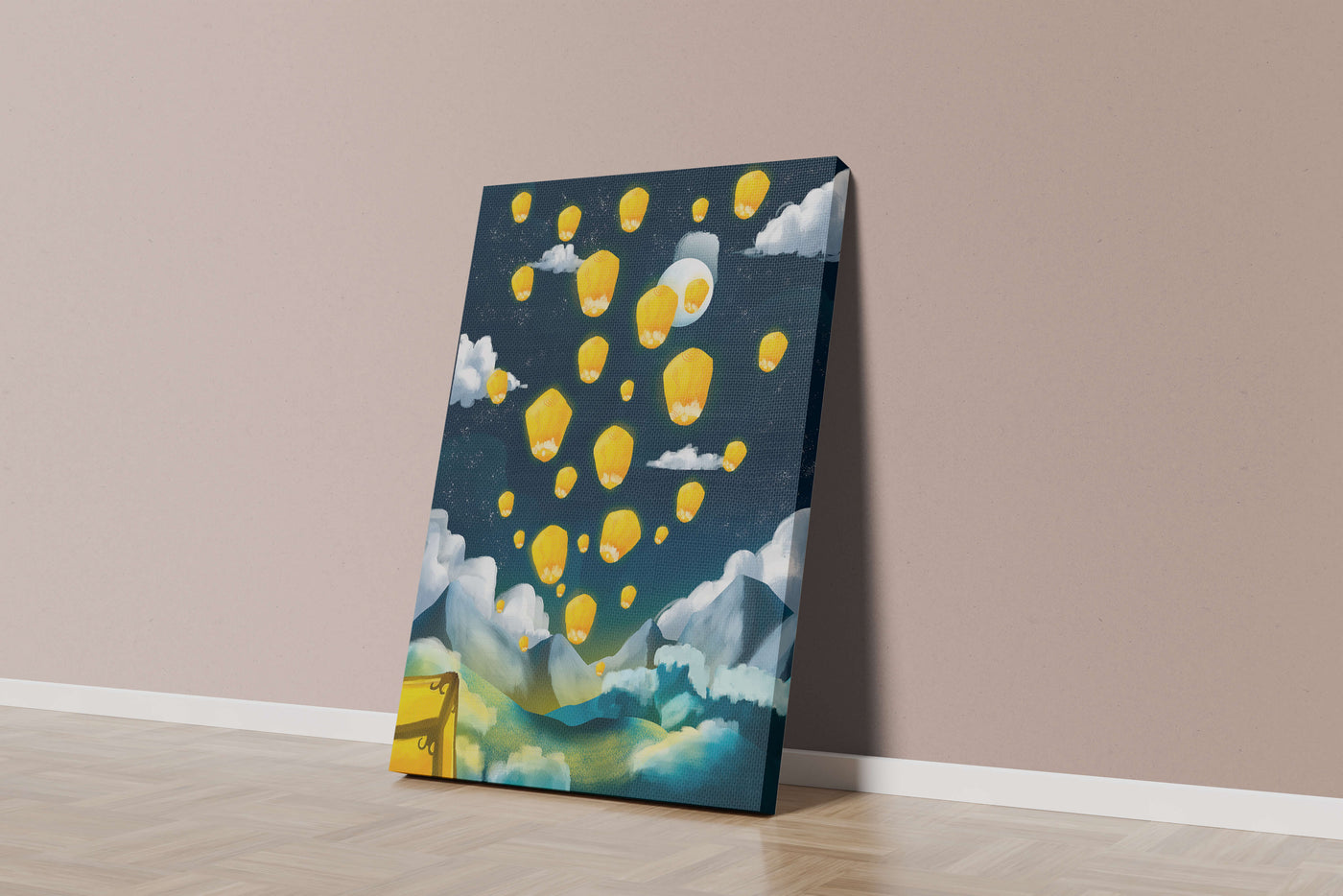 Lanterns floating in a starry night sky over mountains
