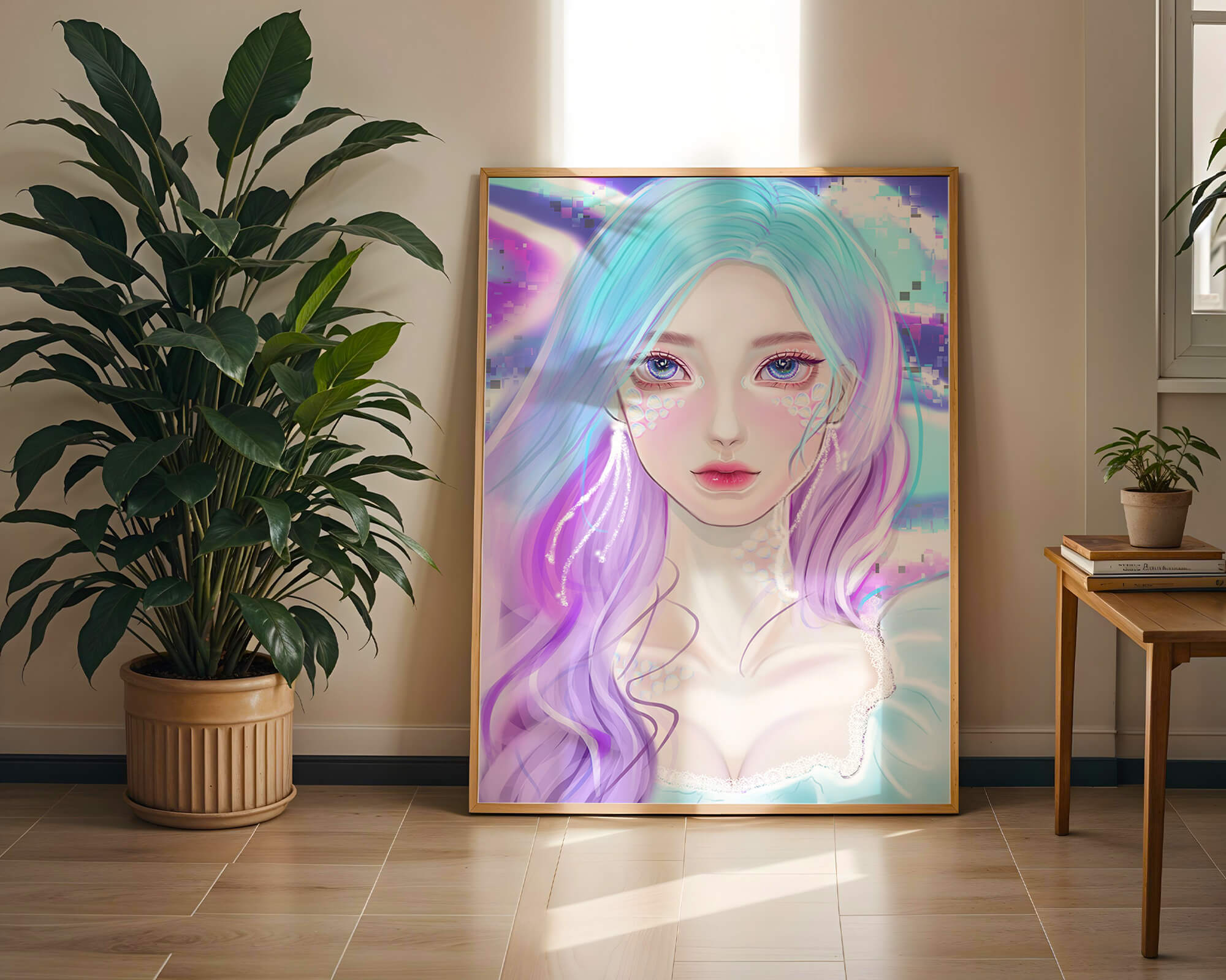 Fantasy portrait of a woman with pastel hair and vibrant features