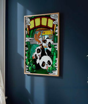 Ilustración de pandas encantadores disfrutando de helado bajo un puente de bambú
