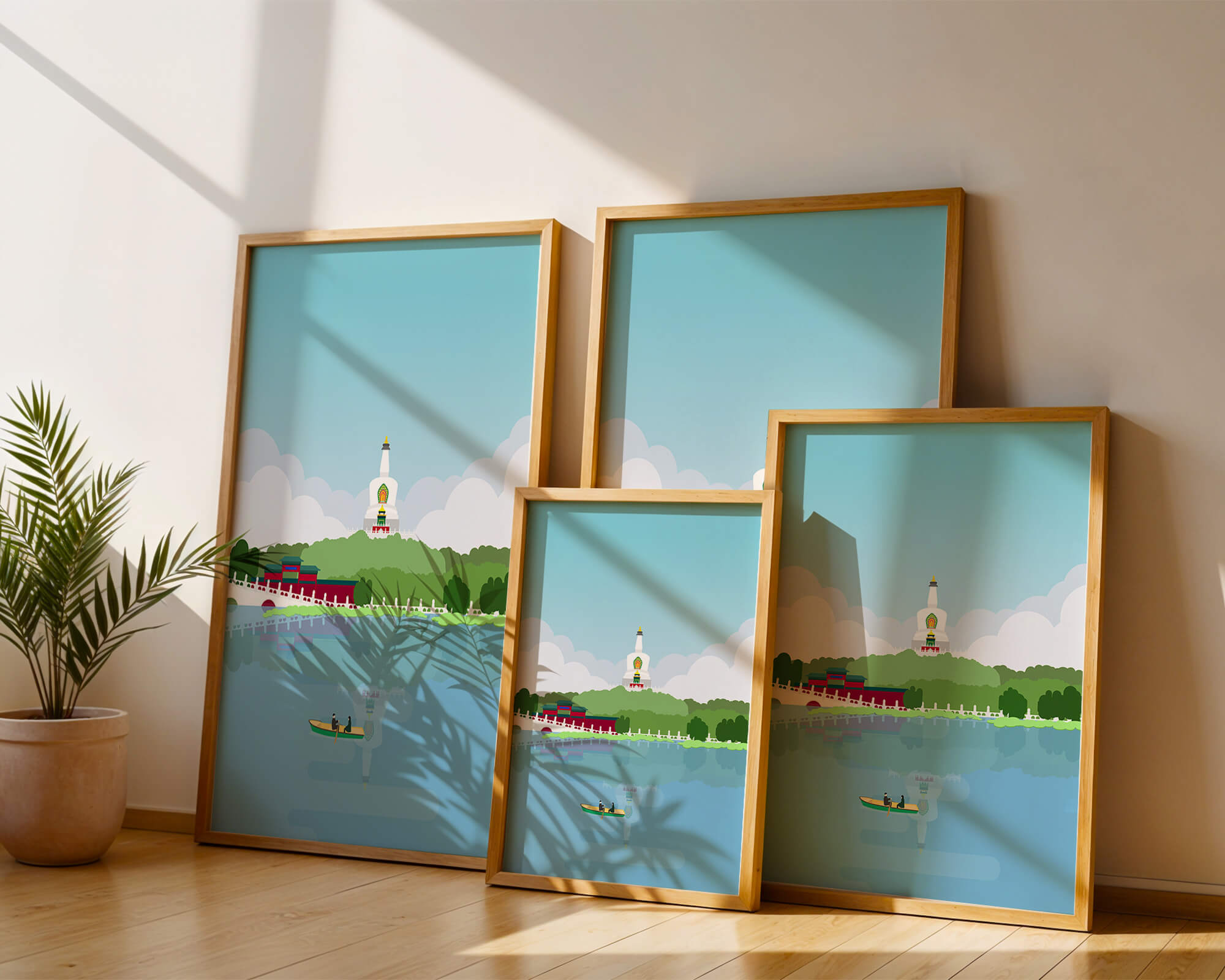 Serene lake scene with pagoda and rowing boat