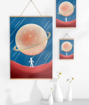 Illustration Of A Large Planet Against A Stardust Background With A Small Figure In The Foreground