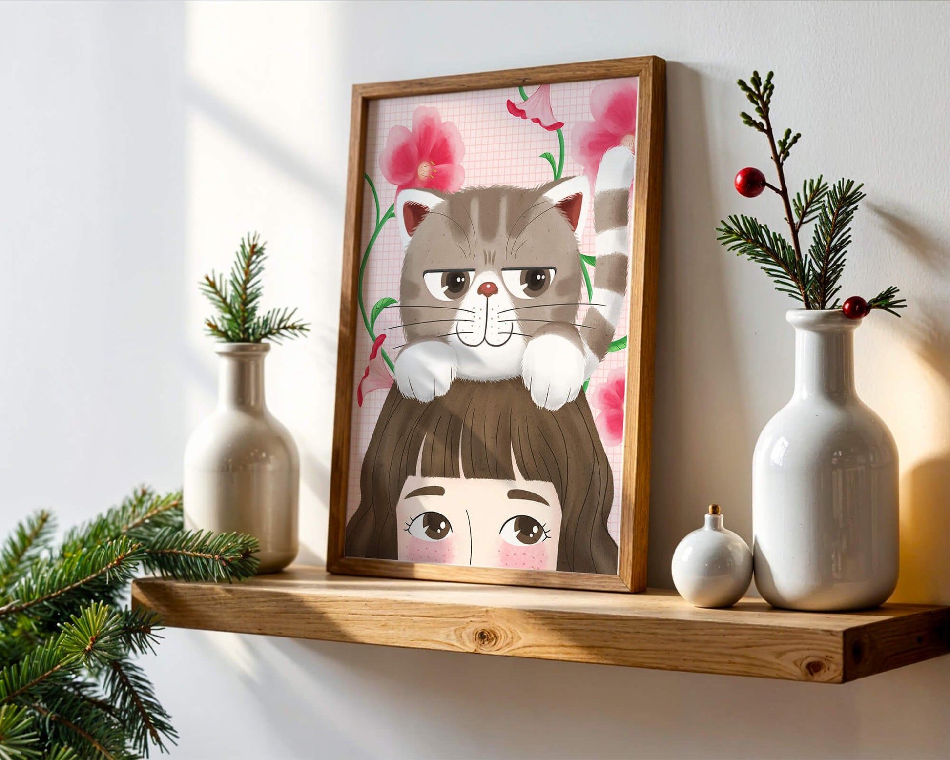Illustration of a cat sitting on a person's head with pink flowers