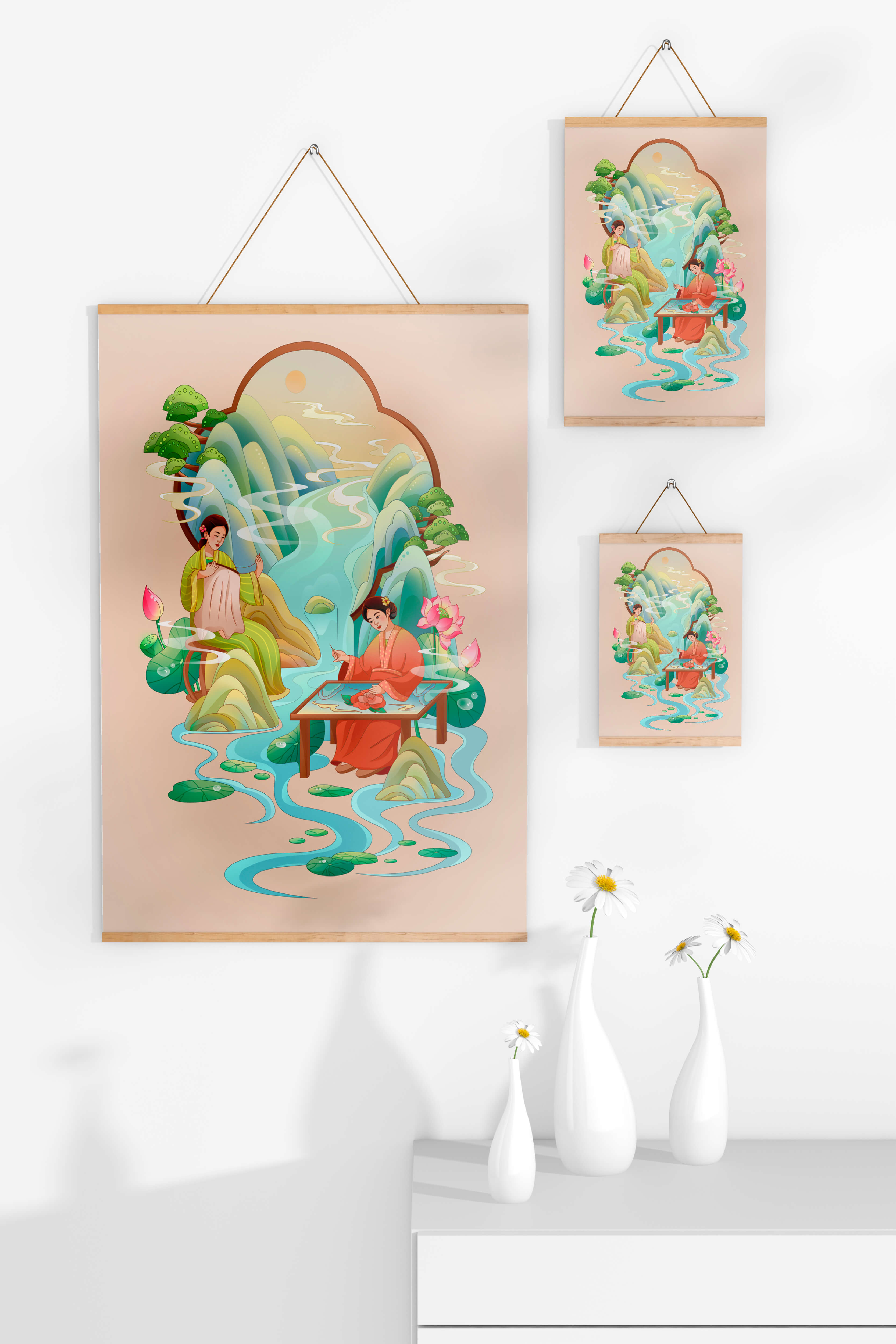 Serene water and nature scene with people in traditional attire