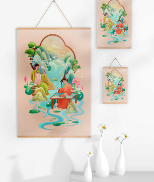 Scène d'eau sereine et de nature avec des personnes en tenue traditionnelle
