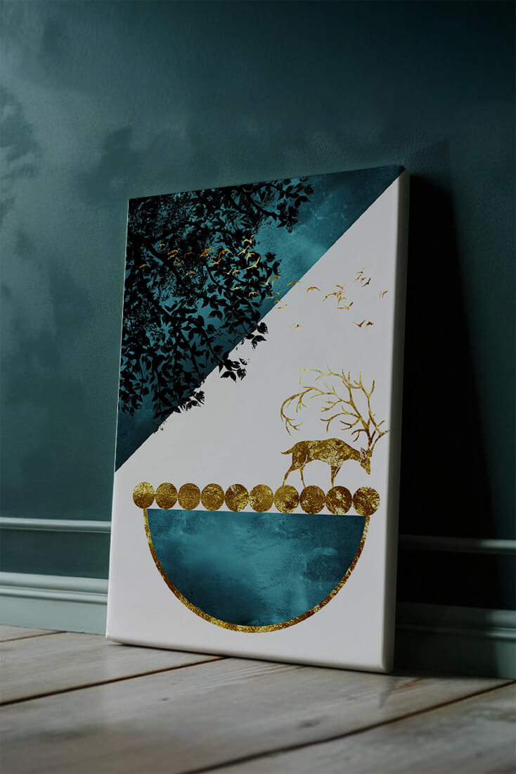 Abstract Deer with Golden Elements in a Mystical Forest Setting