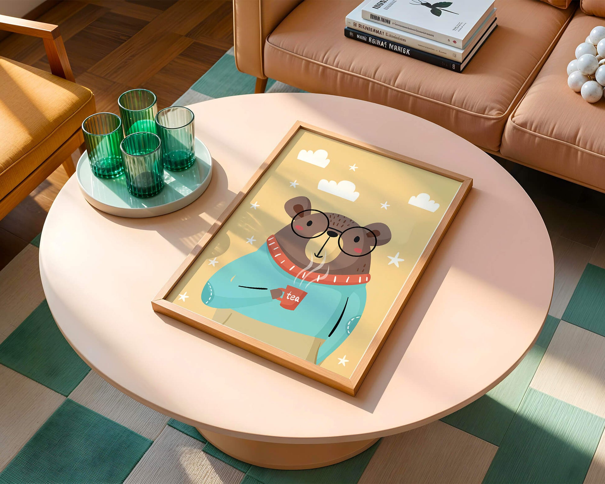 Illustration of a cozy bear enjoying tea with glasses