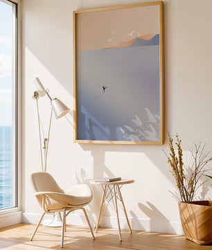 Serene Seaside with Dancer and Birds in Pastel Colors