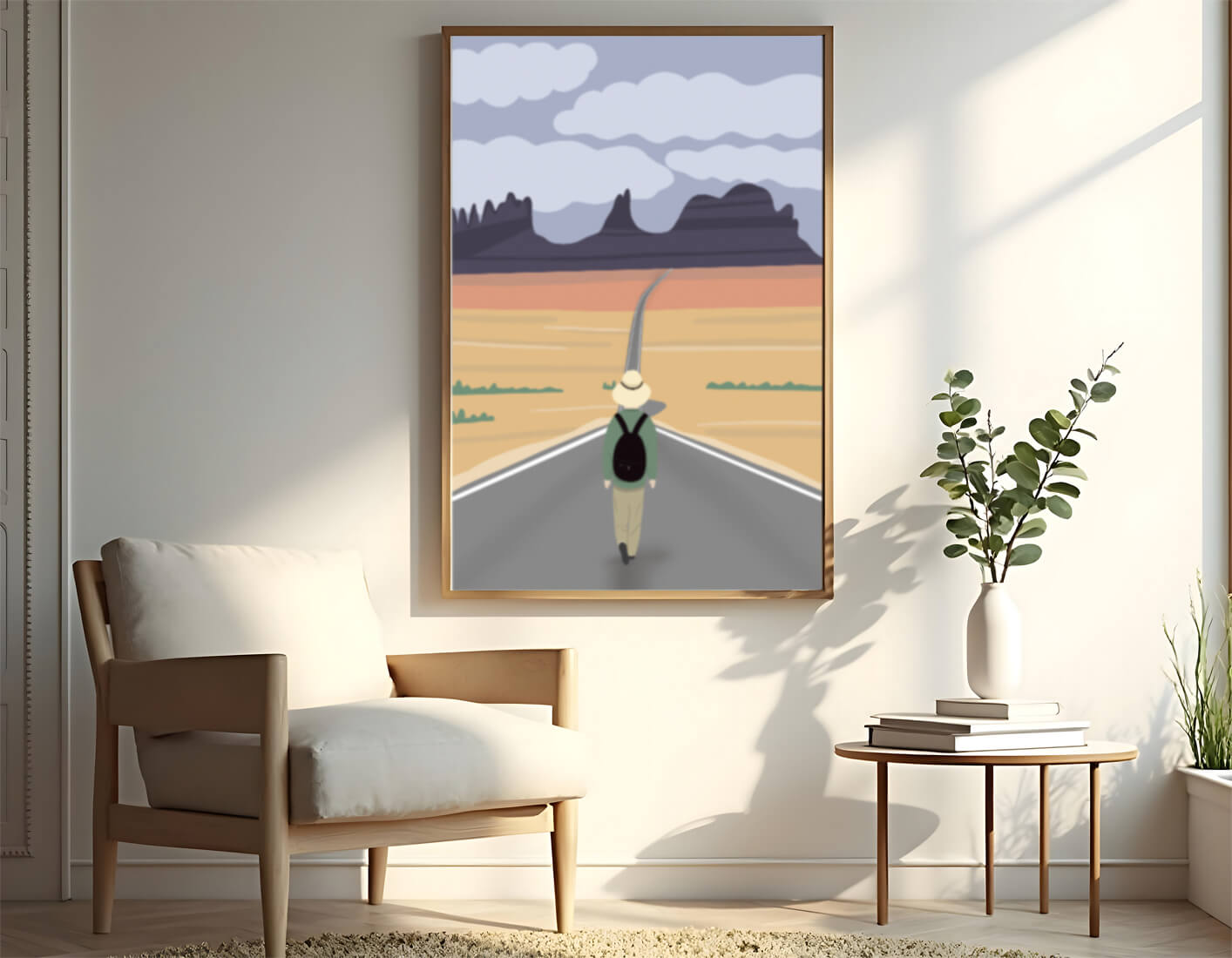 Traveler Walking on Endless Road Toward Mountains