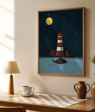 Escena nocturna tranquila con faro y estrellas que reflejan serenidad