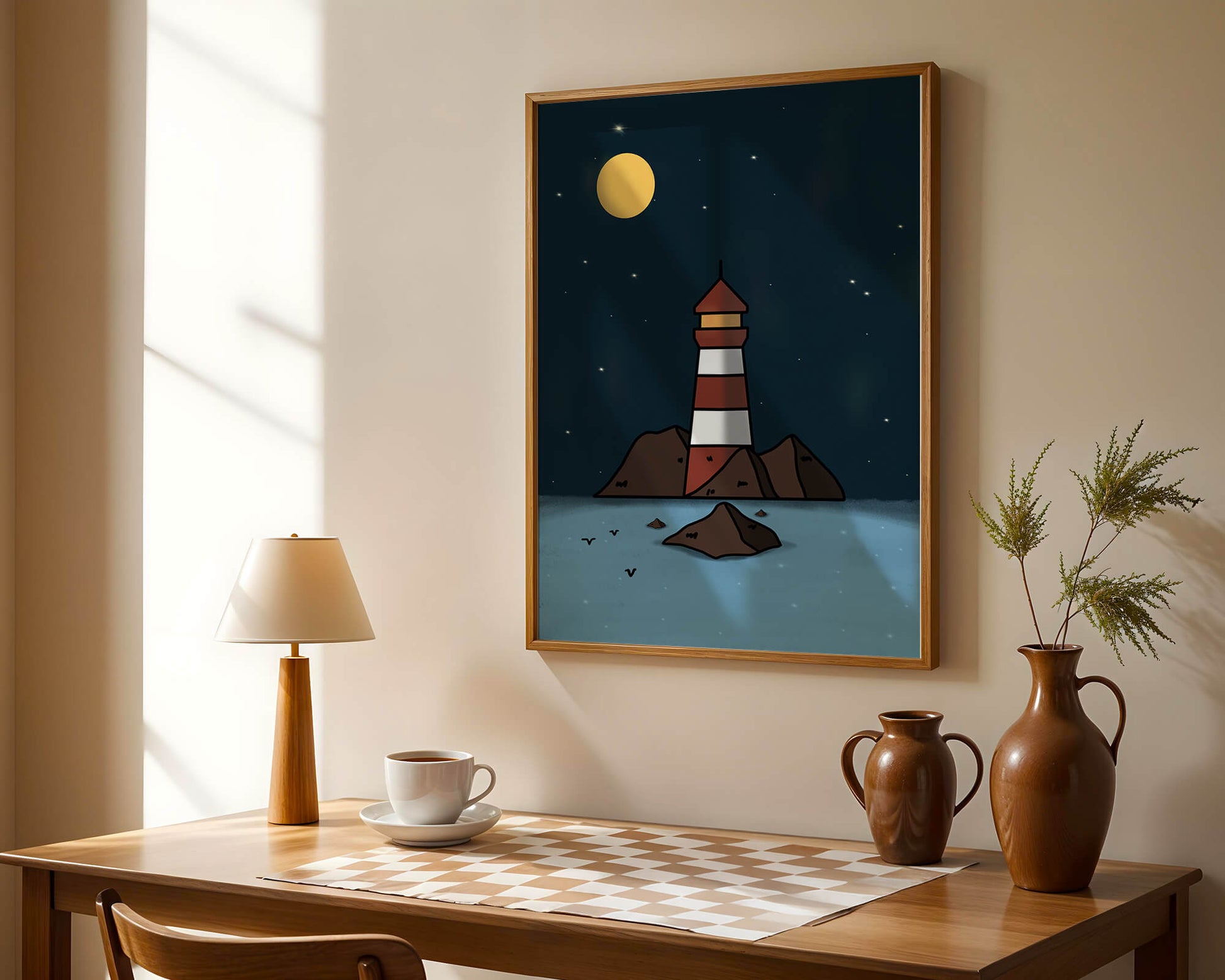 Escena nocturna tranquila con faro y estrellas que reflejan serenidad.