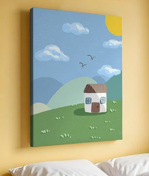 Illustration of a small house on a sunny hillside with clouds in a blue sky
