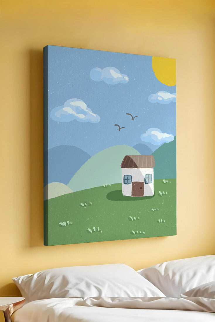 Illustration of a small house on a sunny hillside with clouds in a blue sky