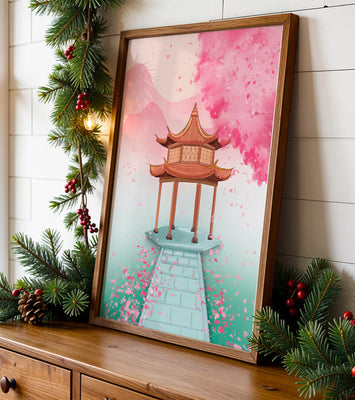 Traditional Asian gazebo surrounded by cherry blossoms