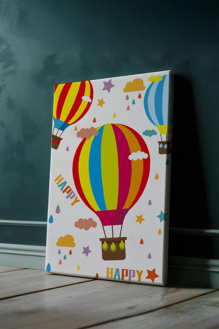 Colorful hot air balloons and happy clouds illustration