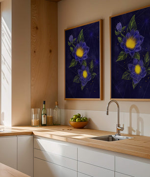 Floral Art with Blue and Yellow Lotus Design on Starry Background