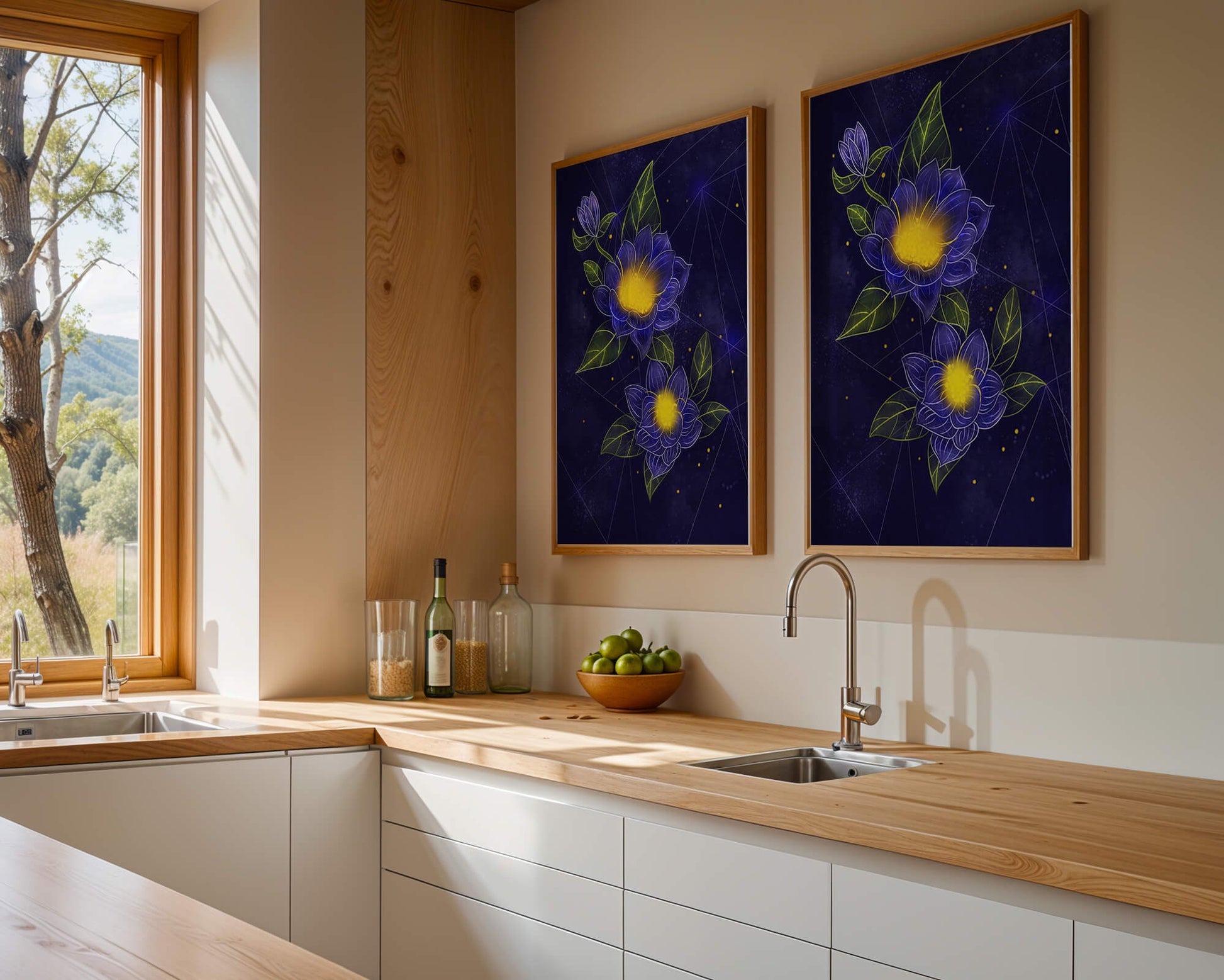 Floral Art with Blue and Yellow Lotus Design on Starry Background