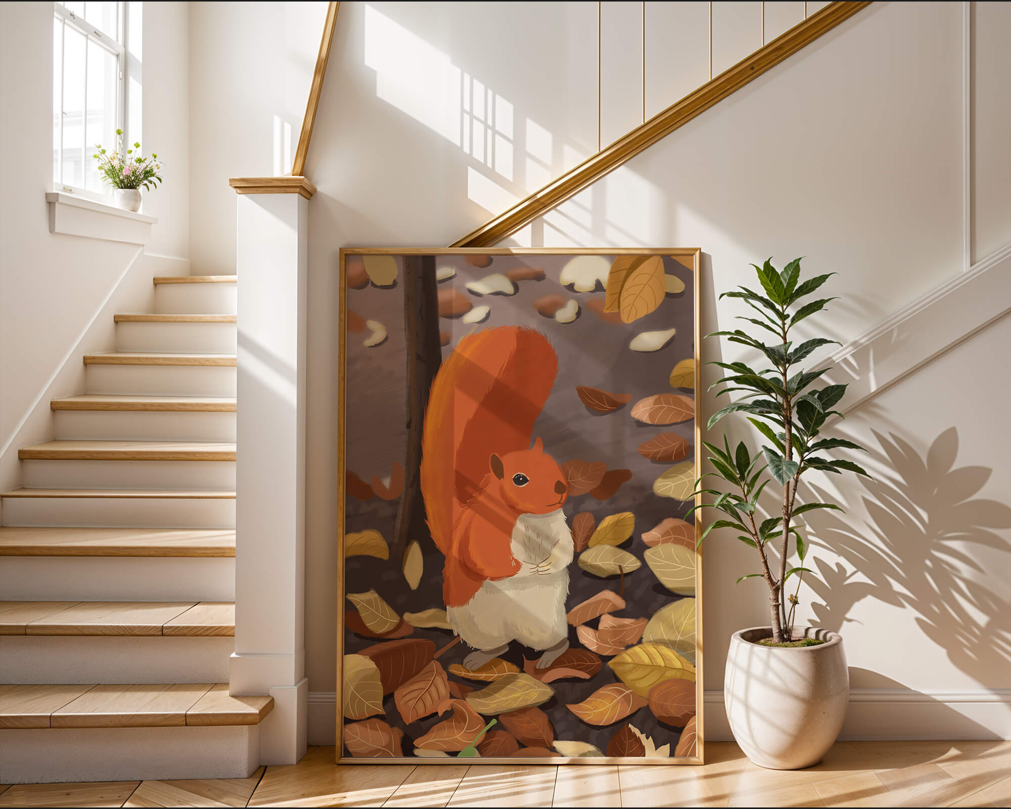 Illustration of a cute squirrel among autumn leaves