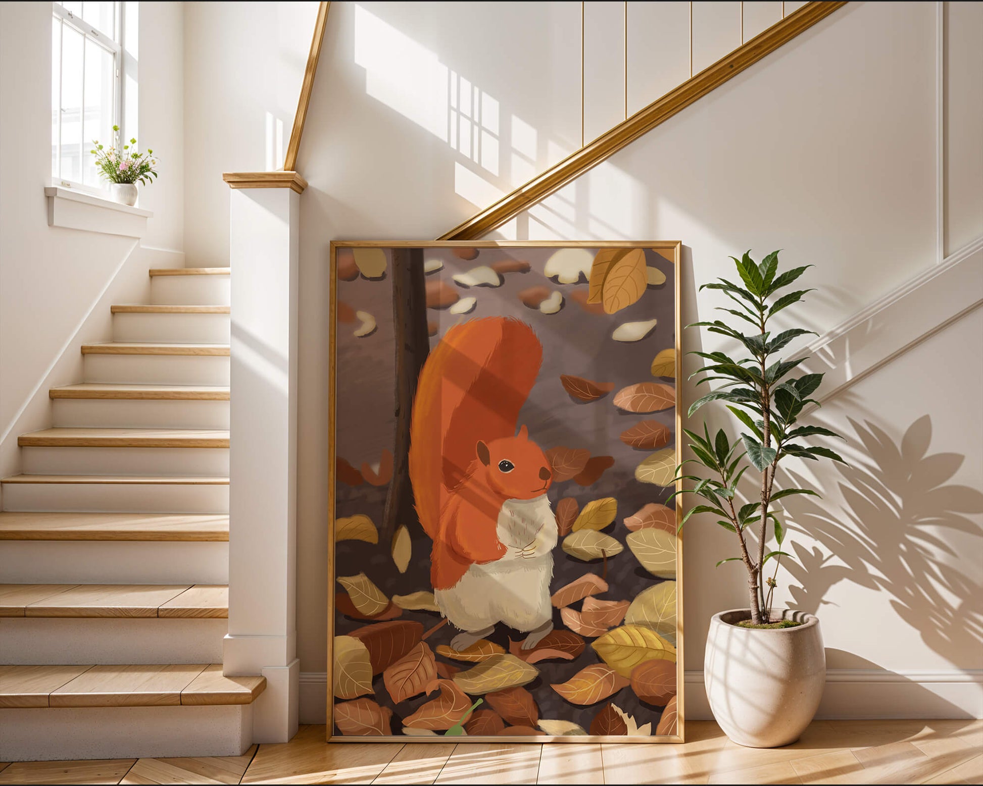Illustration of a cute squirrel among autumn leaves