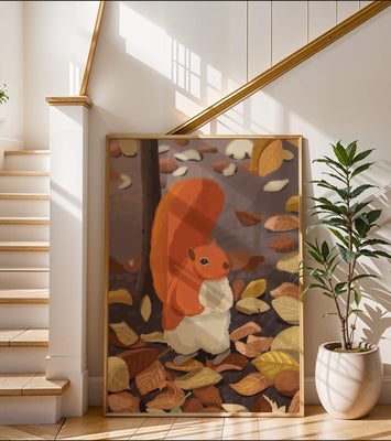 Illustration of a cute squirrel among autumn leaves