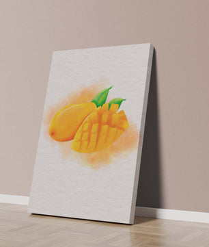 Watercolor depiction of a ripe mango with leaves on textured background