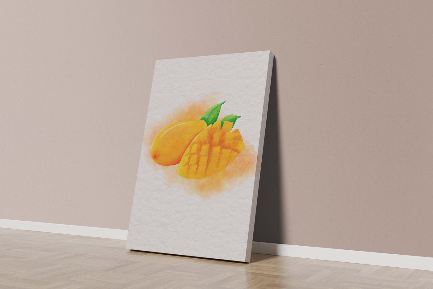 Watercolor depiction of a ripe mango with leaves on textured background