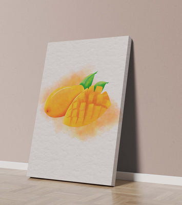 Watercolor depiction of a ripe mango with leaves on textured background