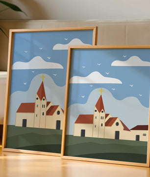 Idyllic Church Landscape with Golden Cross and Blue Sky