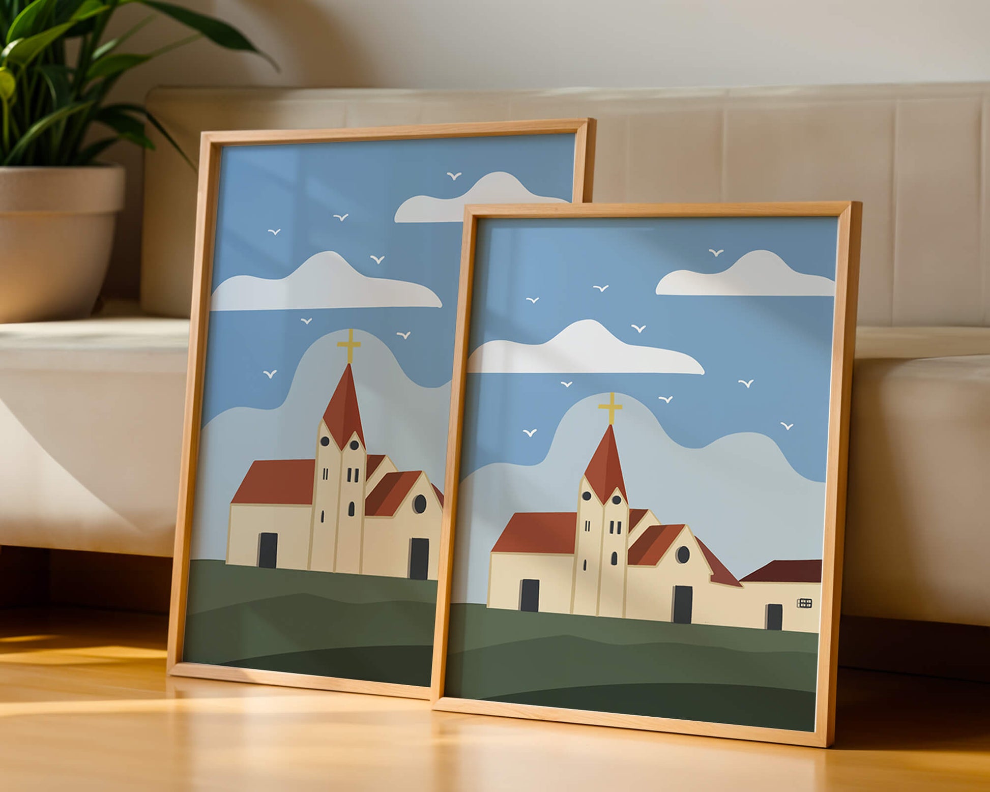 Paisaje idílico de iglesia con cruz dorada y cielo azul