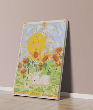 Ilustración encantadora de Aries con animales juguetones y girasoles