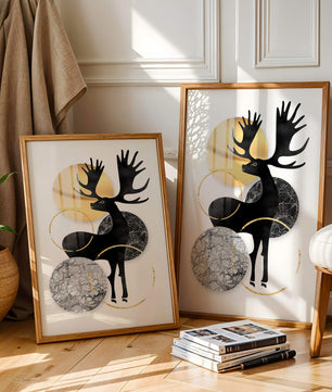 Zeitgenössische Elch-Silhouette-Kunst mit goldenen Akzenten und Marmorstruktur