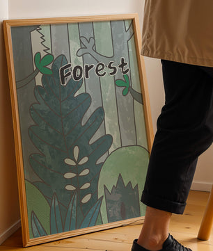 Illustrated forest scene with foliage and text