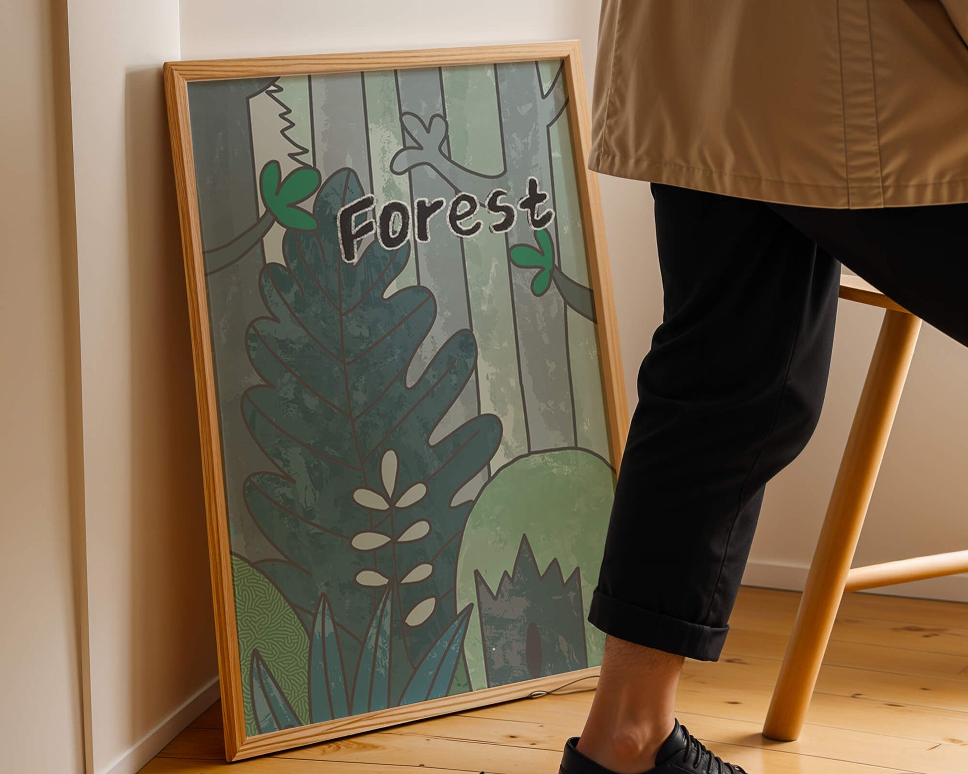 Illustrated forest scene with foliage and text