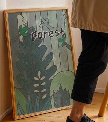 Illustrated forest scene with foliage and text